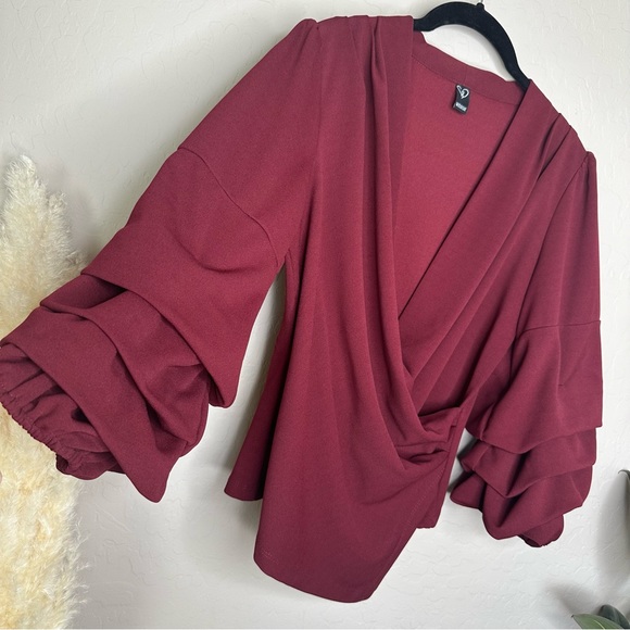 Burgundy 3/4 Ruched Balloon Sleeve, V Neck Blouse Shirt, size medium - Picture 7 of 11